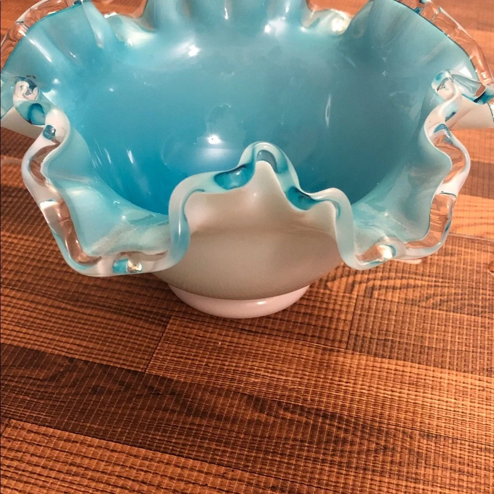 Source Unknown Aqua and White Ruffled Glass Vase